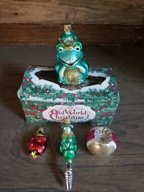 Vintage Old World Glass Hand Blown Christmas Ornaments Lot Frog Ladybug Indent